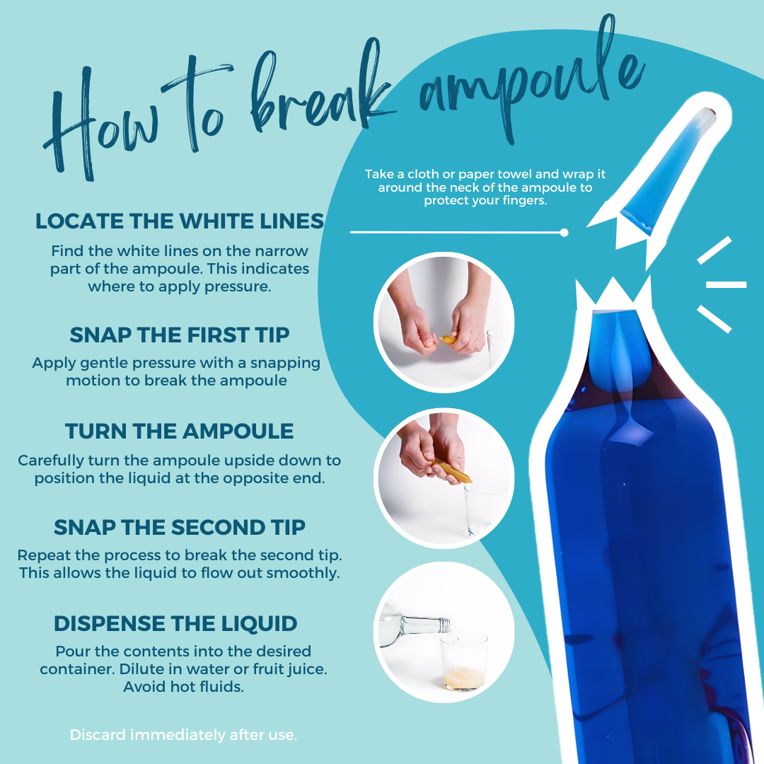 Graphic showing the step-by-step process for breaking an ampoule of Sacred Essence. The image provides clear instructions on safely and effectively opening the ampoule, with visual cues for each step. It emphasises Sacred Essence as a Natural Dietary Supplement, ensuring proper use and maximising benefits.
