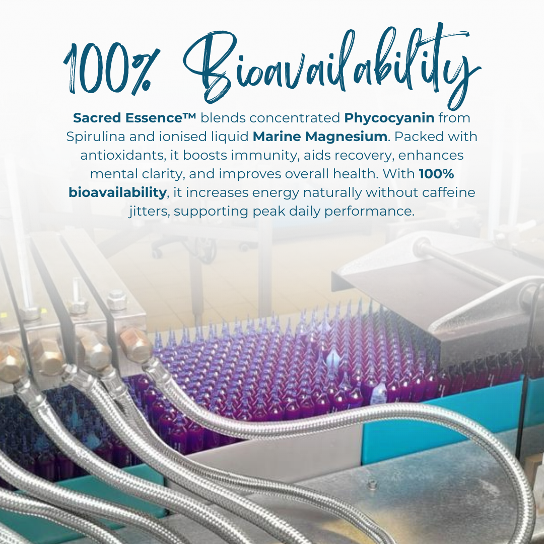 Graphic highlighting Sacred Essence’s 100% bioavailability, showcasing how this Natural Dietary Supplement ensures complete nutrient absorption. The image explains how Sacred Essence, as a natural recovery supplement, maximises nutrient uptake for optimal effectiveness. Visual elements illustrate the absorption process, emphasising the supplement’s commitment to delivering the highest quality and performance.